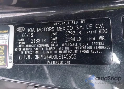 2020 Kia Forte Fe z USA, uszkodzony, nr VIN 3KPF24AD3LE145655